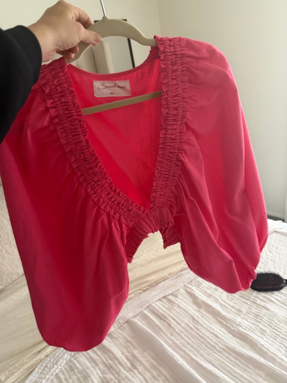 Smocked V-Neck Cropped Blouse in Bright Pink